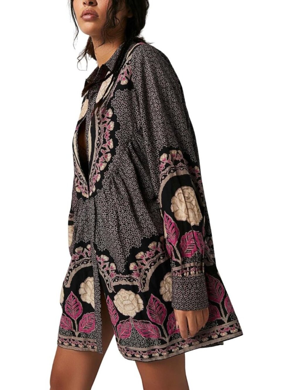 Free People XS Black Floral Embroidered Boho Tunic Dress Long Sleeve (K554) - Picture 2 of 10